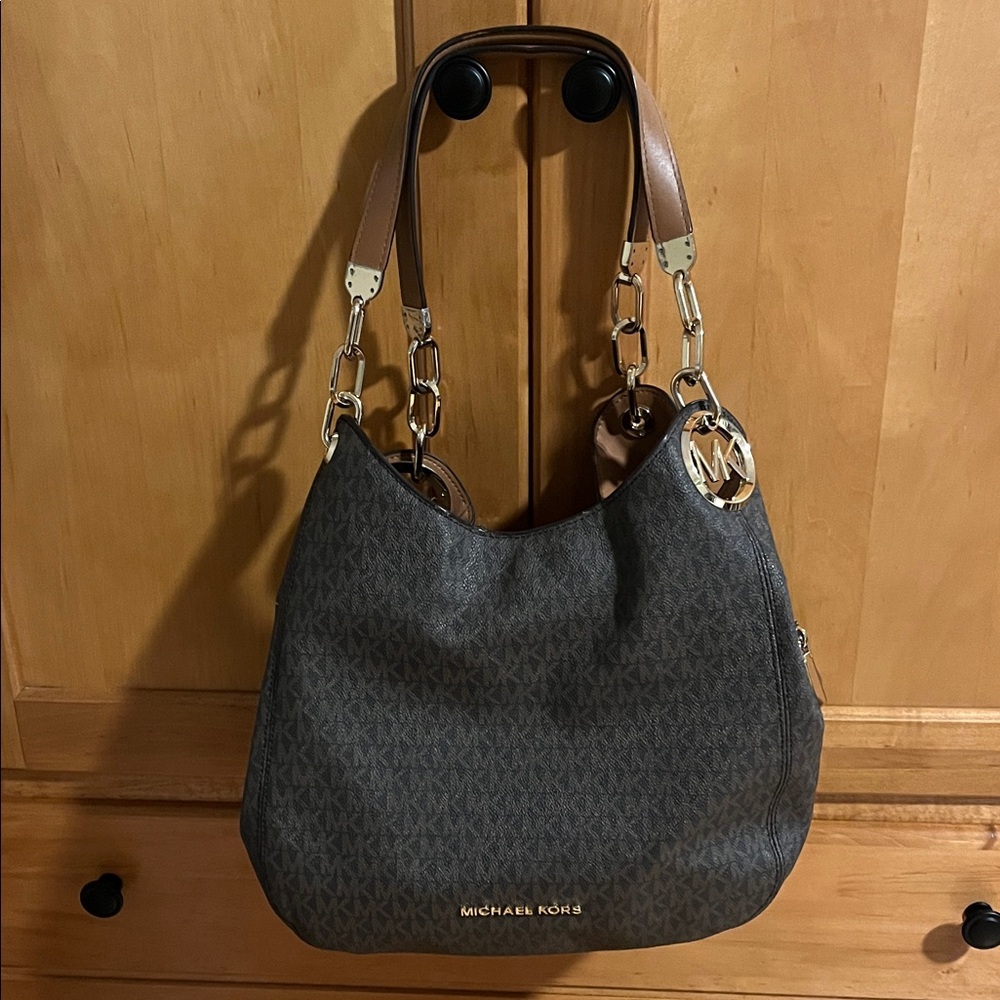 Michael Kors Dark Brown Shoulder Bag with Tan Accents